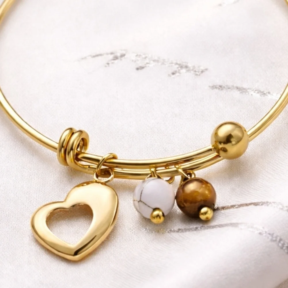 18K Gold Boho Wire Bangle Heart Tiger Eye Magnesite Cottagecore Fairycore Zen